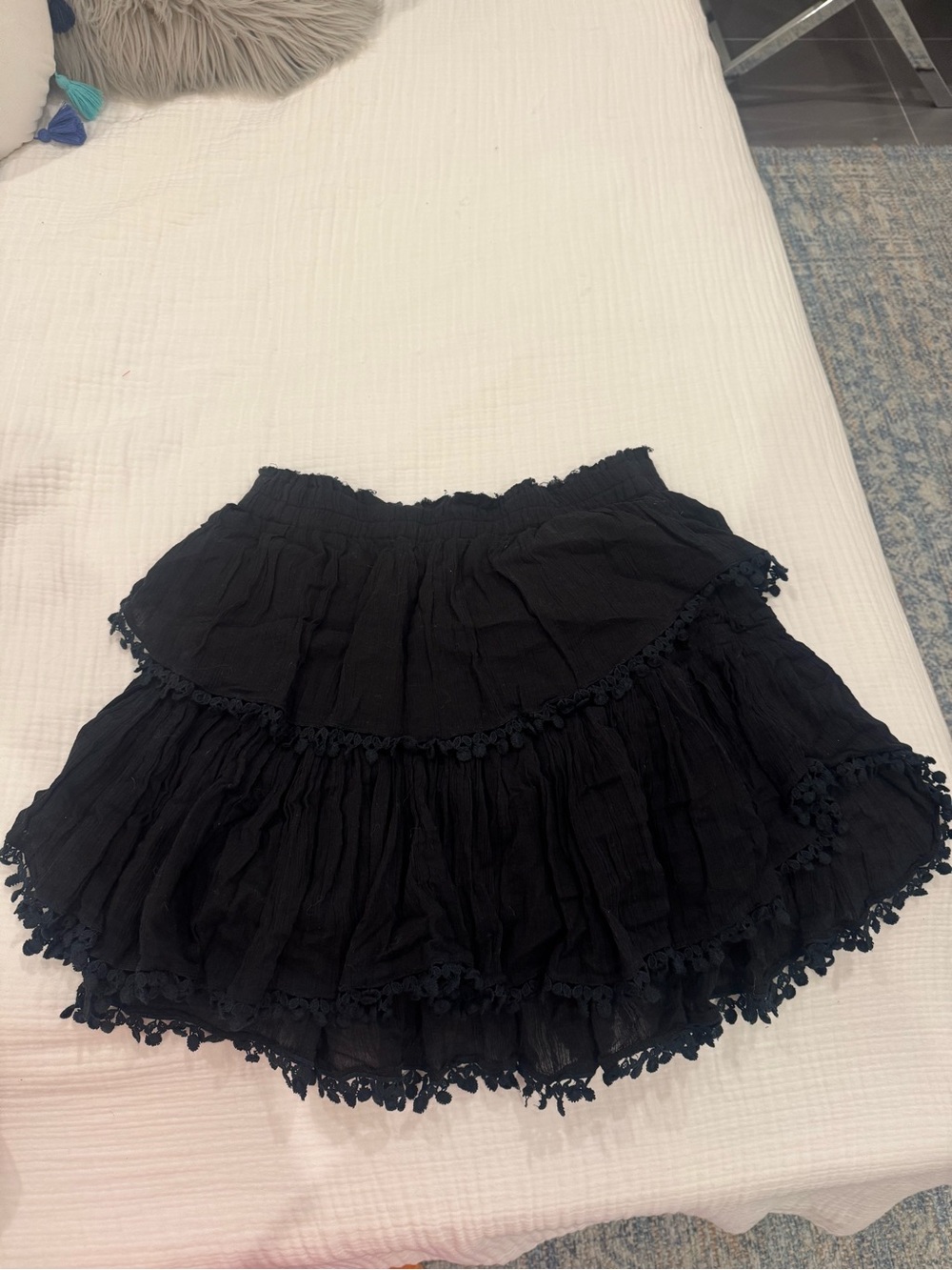 LoveShackFancy Black Tiered Pom-Pom Hem Mini Skirt